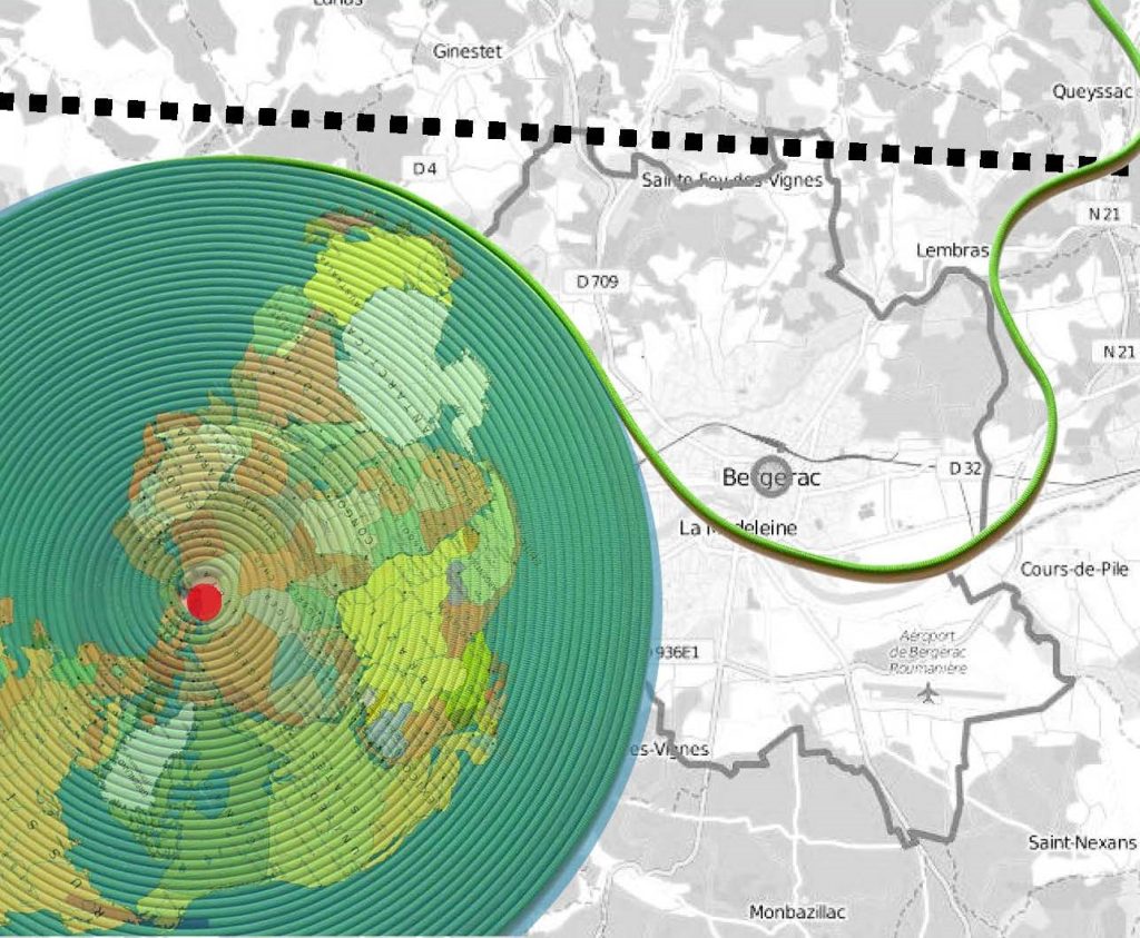 montage figure showing: 1. background: black and white map of bergerac, france. a straight diagonal dotted line crosses the top of map from left to right. 2. foreground: an unravelling green spiral cord wrap with a coloured worldmap printed on it