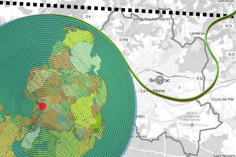 montage figure showing: 1. background: black and white map of bergerac, france. a straight diagonal dotted line crosses the top of map from left to right. 2. foreground: an unravelling green spiral cord wrap with a coloured worldmap printed on it