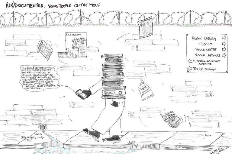 Illustration of a humanoid form: torso made out of piled up documents, then legs and arms. Humanoid person is black. Paper forms flying away (age assessment, asylum application, birth certificate, electricity bill) Background: 1. bricked wall topped up by broken glass shards and barbed wire. 2. An arrow points to a crack on the sidewalk where a stream of water runs from a pipe on the wall. Arrow reads "broken point". 3. A pro-migration poster, and a sign with various services.