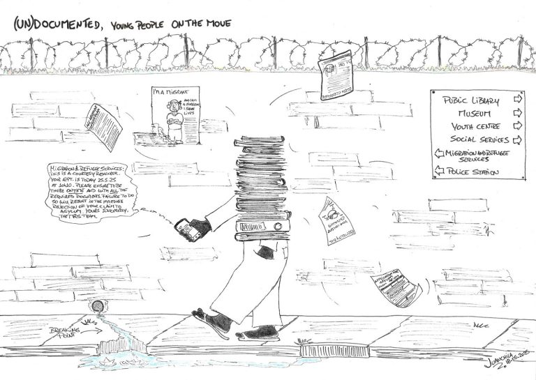 Illustration of a humanoid form: torso made out of piled up documents, then legs and arms. Humanoid person is black. Paper forms flying away (age assessment, asylum application, birth certificate, electricity bill) Background: 1. bricked wall topped up by broken glass shards and barbed wire. 2. An arrow points to a crack on the sidewalk where a stream of water runs from a pipe on the wall. Arrow reads "broken point". 3. A pro-migration poster, and a sign with various services.