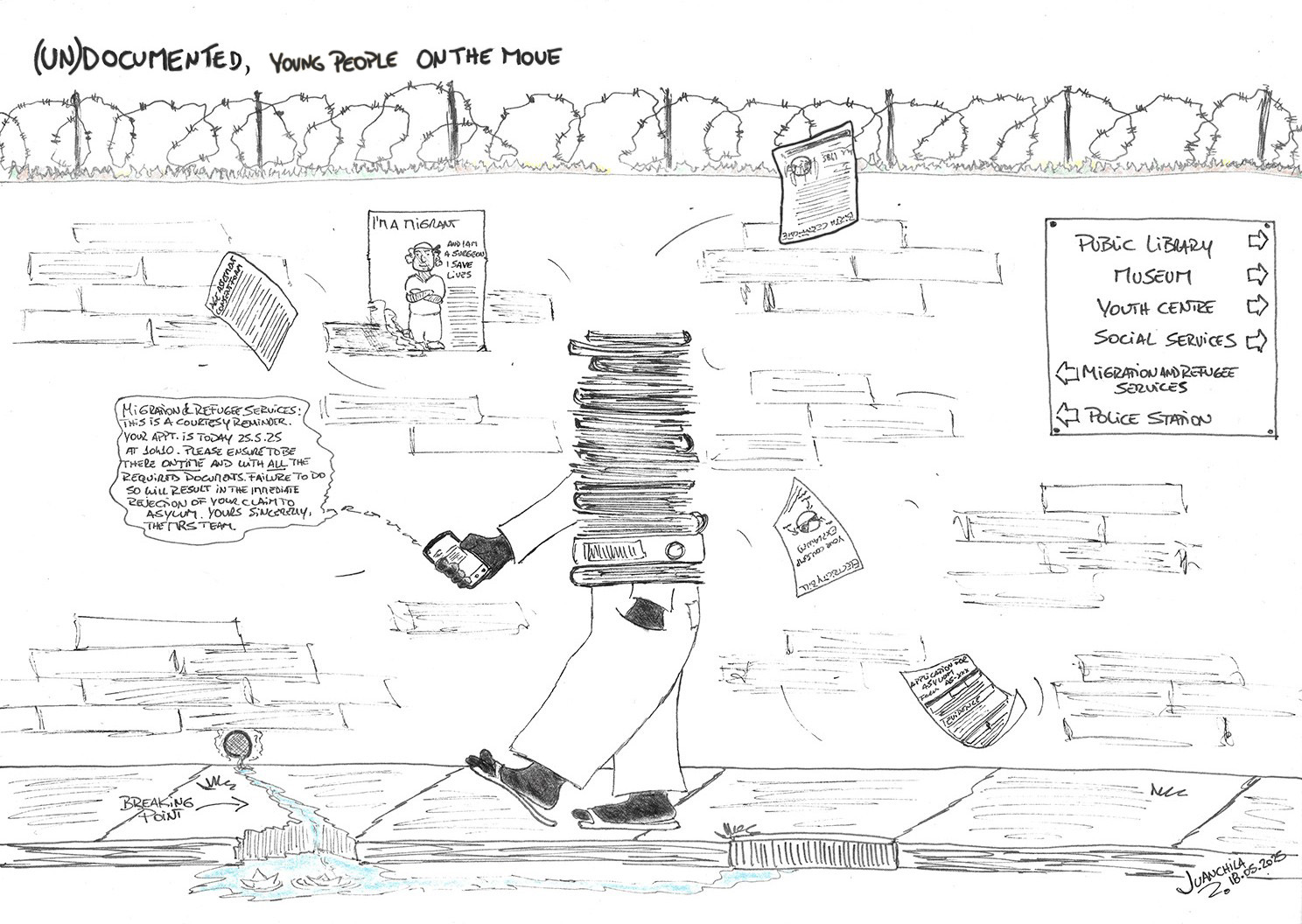 Illustration of a humanoid form: torso made out of piled up documents, then legs and arms. Humanoid person is black. Paper forms flying away (age assessment, asylum application, birth certificate, electricity bill) Background: 1. bricked wall topped up by broken glass shards and barbed wire. 2. An arrow points to a crack on the sidewalk where a stream of water runs from a pipe on the wall. Arrow reads "broken point". 3. A pro-migration poster, and a sign with various services.